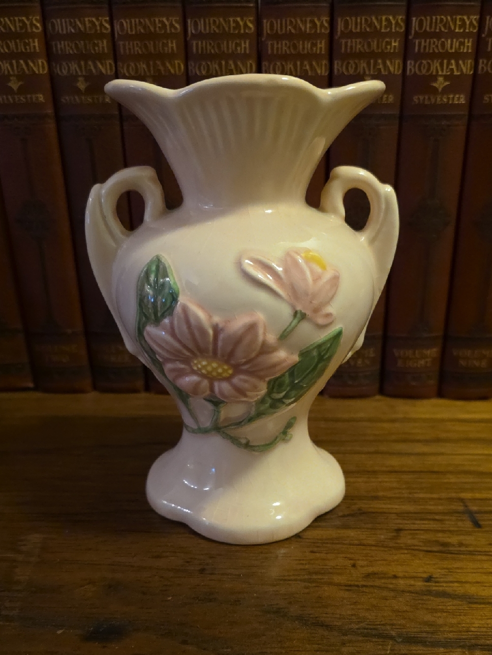 Hull Art Hand-Painted Pink Floral Ceramic Vase Gloss Finish H-4-6 1/2"